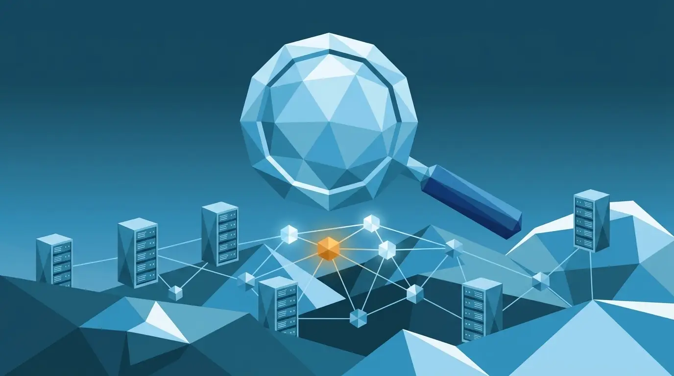 Illustration : une loupe examine un réseau informatique et révèle un point de vulnérabilité