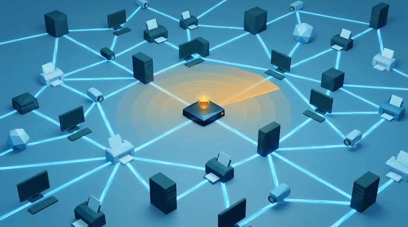 Illustration : une carte de réseau informatique avec des dizaines d'équipements reliés, et la box SKube au centre qui balaie le réseau