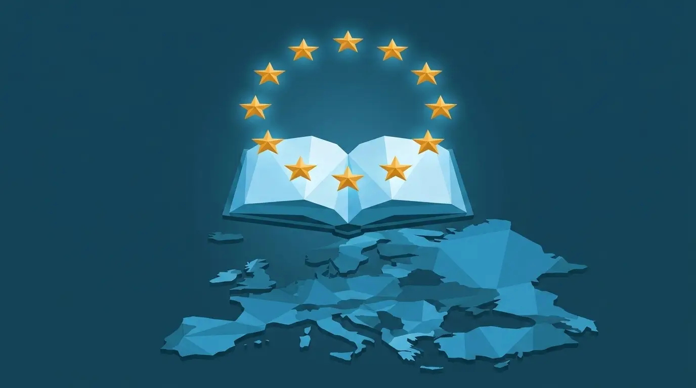 Illustration : un livre ouvert au-dessus d'une carte de l'Europe entourée d'étoiles, symbolisant la directive européenne NIS2